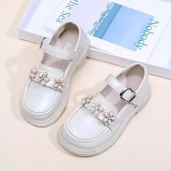 Кожаные туфли для девочек. Туфли принцессы. Мягкая подошва. Детская обувь в британском стиле. 26 белый