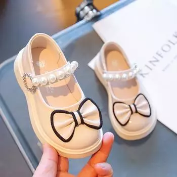 Кожаные туфли для девочек, туфли принцессы с милым бантом для девочек, осенняя детская студенческая обувь с мягкой подошвой для маленьких девочек 30 бежевый