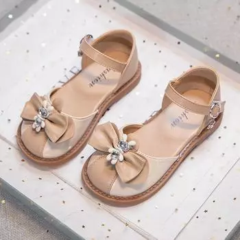 Кожаные туфли для девочек, универсальные модные повседневные туфли принцессы для детей среднего и большого возраста, туфли для студентов с бантом 26 бежевый