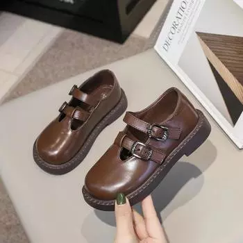 Кожаные туфли для девочек в британском стиле на весну и осень 2024 г. Новая детская повседневная обувь на липучках Универсальная детская школьная обувь 26 коричневый