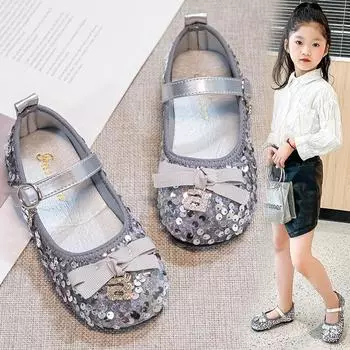 Кожаные туфли для девочек, весна-осень, детская подошва, одинарный бант, пайетки, мягкое платье, принцесса, балетки для девочек, обувь для малышей, девочка 26 серебряный