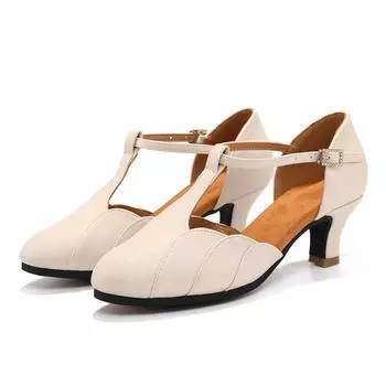 Кожаные туфли для латиноамериканских танцев для взрослых женщин, с закрытым носком, на высоком каблуке, с мягкой подошвой, для танго, сальсы, социальных танцев 34 бежевый