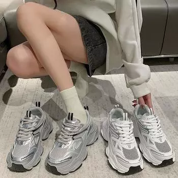 Кожаные туфли для папы, женская обувь, весна и лето, новинка, толстая подошва, усиленная сетка, дышащая, женская повседневная спортивная обувь 35