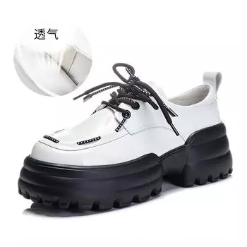 Кожаные туфли для папы, женские, весна 2025, новые женские туфли на платформе, увеличивающие рост, маленькие кожаные туфли, универсальные повседневные туфли, толстые каблуки, одинарные туфли 35