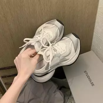Кожаные туфли для папы, женские, весна-лето 2024, новые кожаные старые спортивные маленькие белые туфли, кроссовки на платформе 35 серебряный