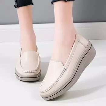 Кожаные туфли для женщин на осень Кожаные туфли на толстой подошве средней подошвы Один заказ Туфли на одну ногу для мамы Повседневные туфли с неглубоким носком Бисквитные туфли 35 бежевый