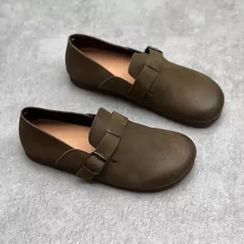 Кожаные туфли из воловьей кожи с круглым носком и плоской подошвой для женщин 35 темно-зеленого