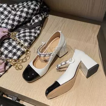 Кожаные туфли Мэри Джейн на высоком каблуке с круглым носком и толстым каблуком, нежные, милые, стильные, с жемчужным украшением, универсальные туфли в стиле Лолиты 37