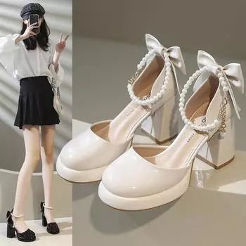 Кожаные туфли Мэри Джейн с квадратным носком и толстым каблуком на высоком каблуке для женщин, французские ретро-туфли на платформе с перламутровым бантом 34 бежевый