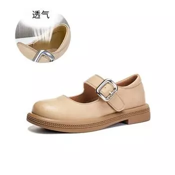 Кожаные туфли Мэри Джейн весна и лето 2025 новые повседневные модные маленькие кожаные туфли на толстом каблуке с мелким вырезом, маленькие ароматные одинарные туфли женские 35 хаки