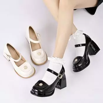 Кожаные туфли Мэри Джейн, женские туфли в ретро-британском стиле с маленькой пряжкой в виде цветка, на высоком каблуке, с пряжкой в виде одного слова, на толстом каблуке, с квадратным носком, кожаные туфли 34