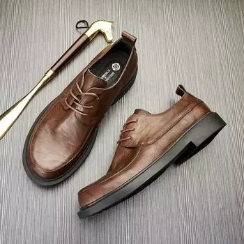 Кожаные туфли Мужская модная кожаная повседневная обувь Круглая деловая обувь Универсальная обувь в британском стиле Туфли с низким верхом Трендовая обувь 38 тёмно-рыжий