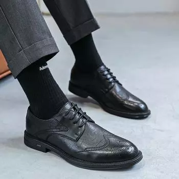 Кожаные туфли мужские деловые летние британские повседневные туфли Brock на резной платформе для жениха свадебные туфли 3228-T 38 чёрный