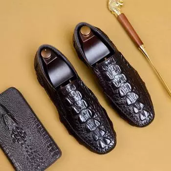 Кожаные туфли мужские кожаные деловые повседневные британские туфли с тиснением под крокодила с одной педалью мужские туфли 39 темно-коричневого