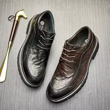 Кожаные туфли Мужские кожаные деловые повседневные туфли на шнуровке с круглым носком Модные туфли с низом Универсальные дышащие мягкие кожаные модные туфли 38 чёрный
