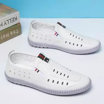 Кожаные туфли мужские летние 2024 года новые мужские сандалии с мягкой подошвой полые дышащие классные кожаные туфли повседневная обувь папины туфли 39 белый