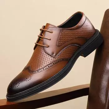 Кожаные туфли мужские настоящие кожаные ажурные дышащие броги деловые формальные повседневные британские туфли с острым носком 38