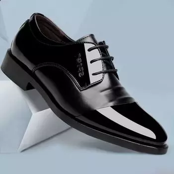 Кожаные туфли, мужские новые молодежные глянцевые деловые модельные туфли с острым носком, офисная мужская обувь на шнуровке 38 чёрный