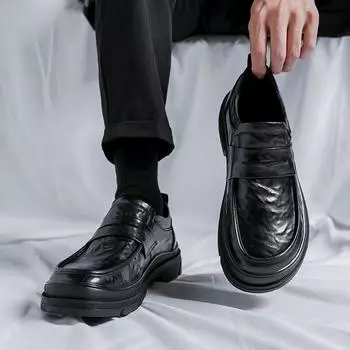 Кожаные туфли мужские новые трендовые деловые повседневные туфли черные туфли с большой головкой на платформе рабочие туфли 91844-R 38 чёрный