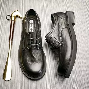 Кожаные туфли Мужские трендовые британские повседневные туфли с низким верхом Деловые круглые универсальные черные модные кожаные туфли Мужские туфли с мягкой подошвой 38 чёрный