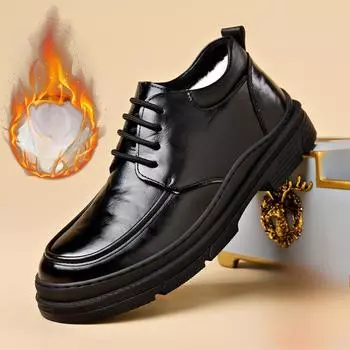 Кожаные туфли мужские зимние бархатные теплые высокие мужские туфли деловые туфли на платформе туфли в британском стиле 38