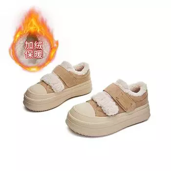 Кожаные туфли на липучке женские 2025 зима новые на толстой подошве бархатные хлопковые туфли повседневные маленькие белые туфли универсальная обувь детская 35