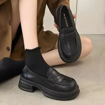 Кожаные туфли на платформе, женские маленькие кожаные туфли в студенческом стиле, универсальные туфли-лоферы в британском стиле, туфли Мэри Джейн 35 чёрный
