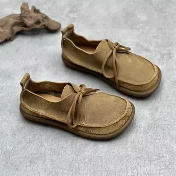 Кожаные туфли на плоской подошве женские туфли с круглым носком неглубокие мягкие мокасины ретро однотонные туфли 35 хаки