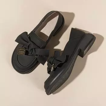 Кожаные туфли на толстой подошве с леффером, женские маленькие кожаные туфли с бантом, женские туфли на одинарной подошве 34 чёрный