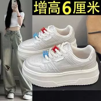 Кожаные туфли на толстой подошве, увеличивающие рост. Детские универсальные маленькие белые туфли. Женская обувь 2025 года, весна-лето, новые повседневные спортивные туфли. 35