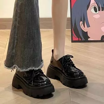 Кожаные туфли на толстой подошве в британском стиле для женщин. Новые весенне-осенние универсальные черные однослойные туфли Jk. Лоферы для маффинов. Ins Shoes. 35