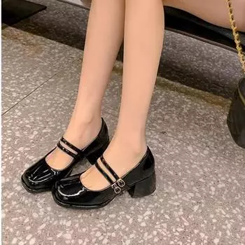 Кожаные туфли на высоком каблуке женские на толстом каблуке французские одинарные туфли с юбкой вечерние нежные туфли в сказочном стиле туфли Мэри Джейн 34