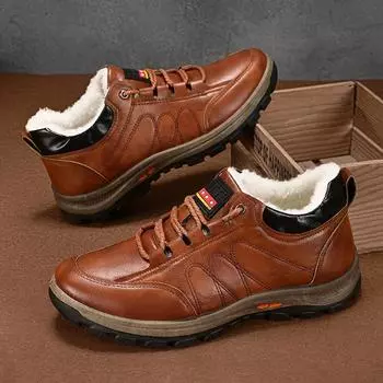 Кожаные туфли повседневные кроссовки с круглым носком зимние ботинки для мужчин модная нескользящая обувь бархатная мужская повседневная обувь увеличивающая рост 39 чёрный