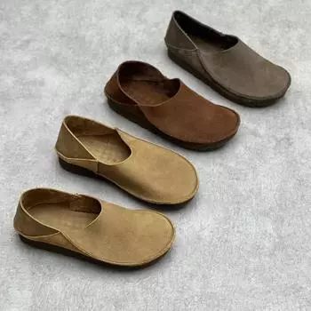 Кожаные туфли ручной работы из натуральной кожи с круглым носком и плоской подошвой 35 хаки