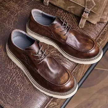 Кожаные туфли с большим носком, мужская выправка, британский стиль, повседневные мужские кожаные туфли первого слоя из коровьей кожи, синие низкие туфли Martin. 38 коричневый