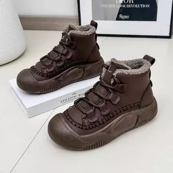 Кожаные туфли с круглым носком и шнурками, женские, спортивные, на высокой платформе, коричневые, женские, зимние, на шнуровке, массивные, кроссовки, распродажа, качественные ботинки 35