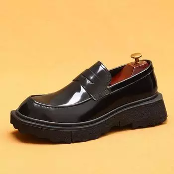 Кожаные туфли с одной педалью, мужские мягкие кожаные деловые повседневные туфли на платформе, британские мокасины с увеличенным голенищем 39 чёрный