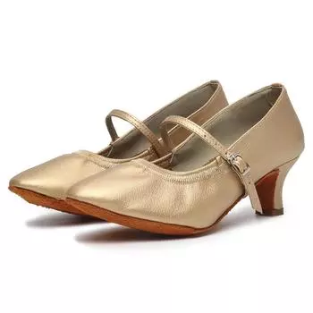 Кожаные туфли с закрытым носком для современных танцев для женщин и девочек, туфли для бальных танцев, вальса, латиноамериканских танцев, каблук 5 см 34 коричневый