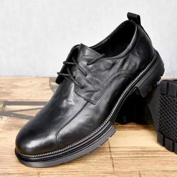 Кожаные туфли в британском стиле из дышащей кожи с круглым носком, на шнуровке, синие, трендовые, на платформе, мужские деловые туфли 38 чёрный