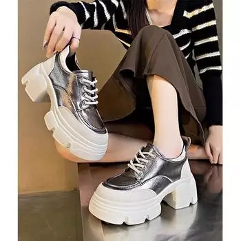 Кожаные туфли в британском стиле, женские, осенние, новые, модные, повседневные туфли на высоком каблуке, туфли на платформе с глубоким носком 35 чёрный