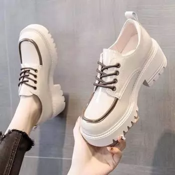 Кожаные туфли в британском стиле, женские, весенние, новые, на платформе, увеличивающие рост, на толстом каблуке, модные, подходящие друг другу, туфли, лоферы 35 чёрный