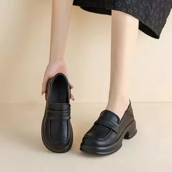 Кожаные туфли женские, увеличивающие внутренний рост, маленькие мокасины, толстый каблук, толстая подошва, одинарные туфли с одной педалью, академический стиль, туфли с небольшим увеличением роста 34