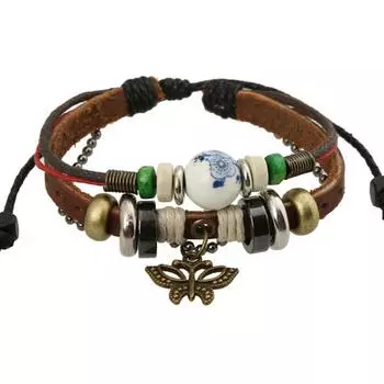Кожаные украшения, браслет-бабочка, многослойный браслет из воловьей кожи с бисером, браслет из пеньковой веревки с бисером, браслет из натуральной кожи 17CM коричневый