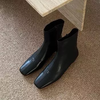 Кожаные узкие ботинки челси женские с толстым каблуком и боковой молнией квадратные британские ботинки Martin короткие женские ботинки 35 чёрный