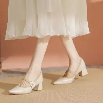 Кожаные весенние и осенние туфли на высоком каблуке Light Mouth White Square Head Temperament Single Shoes женские туфли на толстом каблуке Evening Wind 34