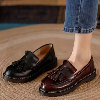 Кожаные винтажные ностальгические туфли в стиле Лолиты с кисточками из коровьей кожи, женские туфли-лодочки на плоской подошве для студентов, туфли Мэри Джейн 36 вино красного