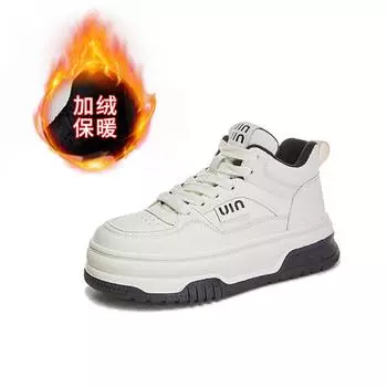 Кожаные высокие белые кроссовки женские 2025 зима новые на толстой подошве бархатные утепленные термо кроссовки повседневные универсальные женские туфли 35