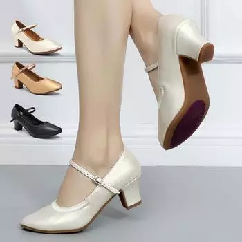 Кожаные женские бальные туфли стандартной формы с мягкой резиновой подошвой для вечеринок, закрытые танцевальные туфли с квадратным каблуком 5 см 34 чёрный