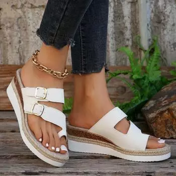 Большие размеры Летние женские кожаные шлепанцы Тапочки Женские летние модные однотонные сандалии на плоской подошве Тапочки 36 белый