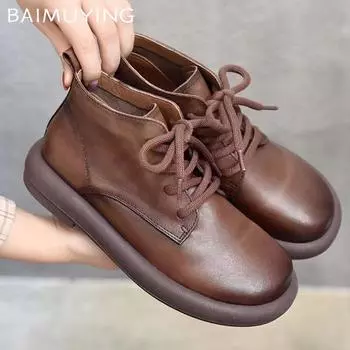Кожаные женские ботильоны на плоской подошве, дизайнерские зимние ботинки на шнуровке, новый бренд 2025 года, трендовые нескользящие классические готические ботинки для женщин 35 коричневый